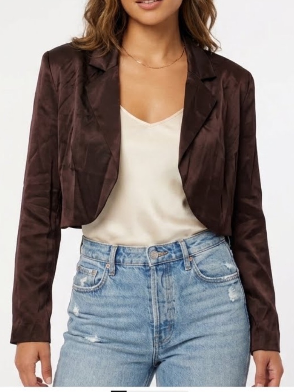 ALYN PAIGE Cropped Satin Blazer Vintage 90’s Brown Open Large